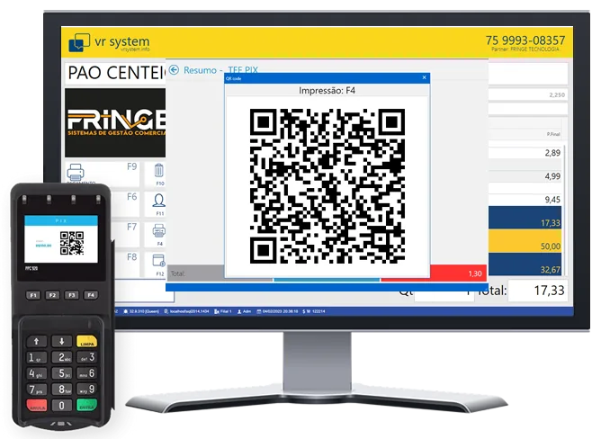 Tela do PDV da Fringe com QR Code do Pix e pinpad TEF